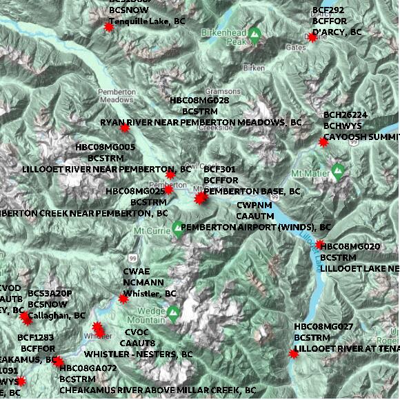 map at zoomlvl 60x60 kilometres for PEMBERTON AIRPORT (WINDS)