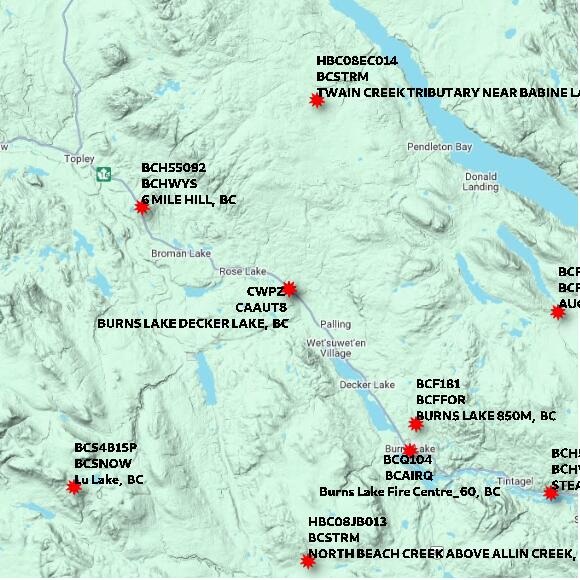 map at zoomlvl 60x60 kilometres for BURNS LAKE DECKER LAKE