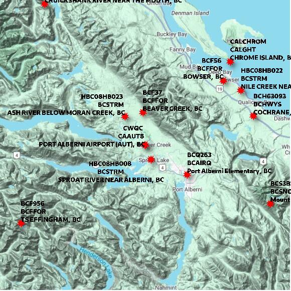 map at zoomlvl 60x60 kilometres for PORT ALBERNI AIRPORT (AUT)