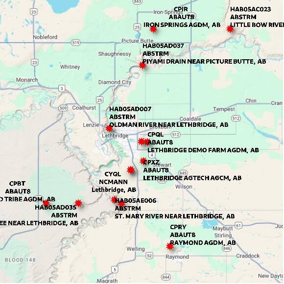 map at zoomlvl 60x60 kilometres for LETHBRIDGE CDA