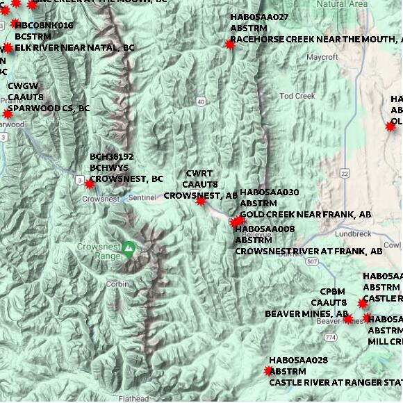 map at zoomlvl 60x60 kilometres for CROWSNEST