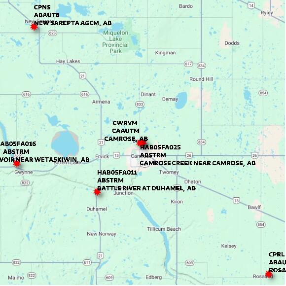 map at zoomlvl 60x60 kilometres for CAMROSE