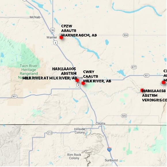 map at zoomlvl 60x60 kilometres for MILK RIVER