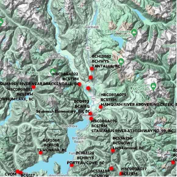 map at zoomlvl 60x60 kilometres for SQUAMISH AIRPORT
