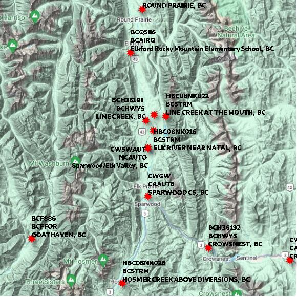 map at zoomlvl 60x60 kilometres for Sparwood/Elk Valley