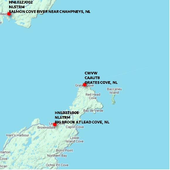 map at zoomlvl 60x60 kilometres for GRATES COVE