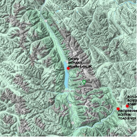 map at zoomlvl 60x60 kilometres for Muncho Lake
