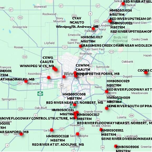 map at zoomlvl 60x60 kilometres for WINNIPEG THE FORKS