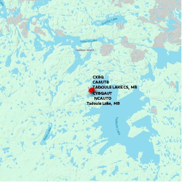 map at zoomlvl 60x60 kilometres for Tadoule Lake