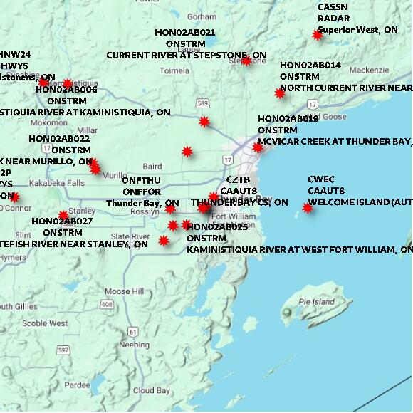 map at zoomlvl 60x60 kilometres for Thunder Bay