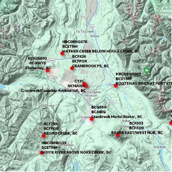 map at zoomlvl 60x60 kilometres for Cranbrook/Canadian Rockies Intl