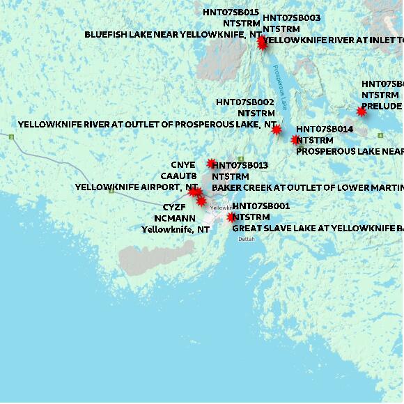 map at zoomlvl 60x60 kilometres for Yellowknife