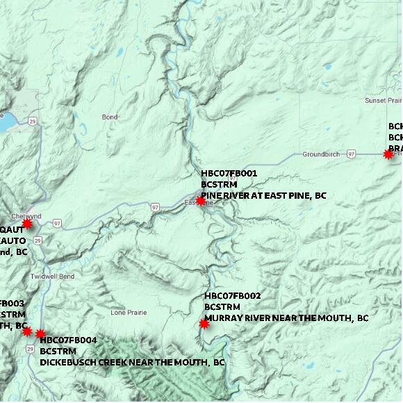 map at zoomlvl 60x60 kilometres for PINE RIVER AT EAST PINE