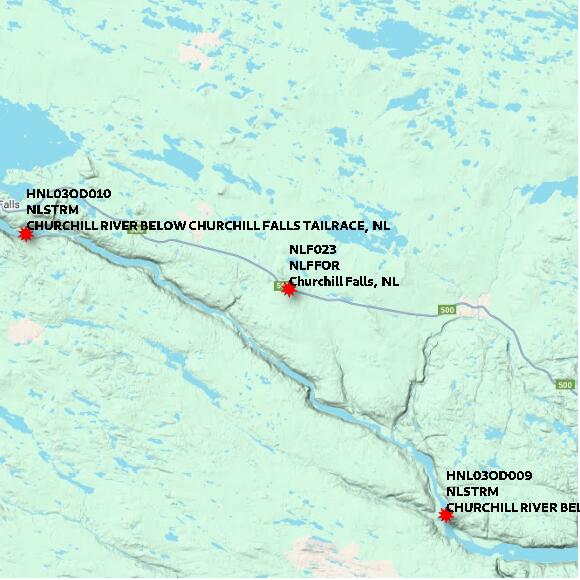 map at zoomlvl 60x60 kilometres for Churchill Falls