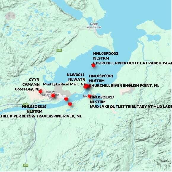 map at zoomlvl 60x60 kilometres for Churchill River at end of Mud Lake Road