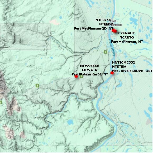 map at zoomlvl 60x60 kilometres for Peel Plateau Km 53