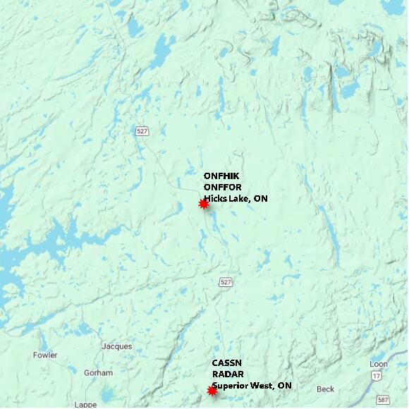 map at zoomlvl 60x60 kilometres for Hicks Lake