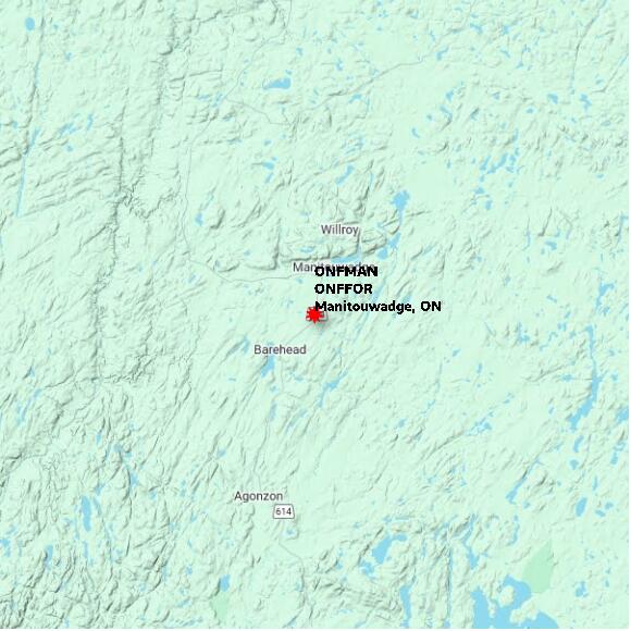 map at zoomlvl 60x60 kilometres for Manitouwadge