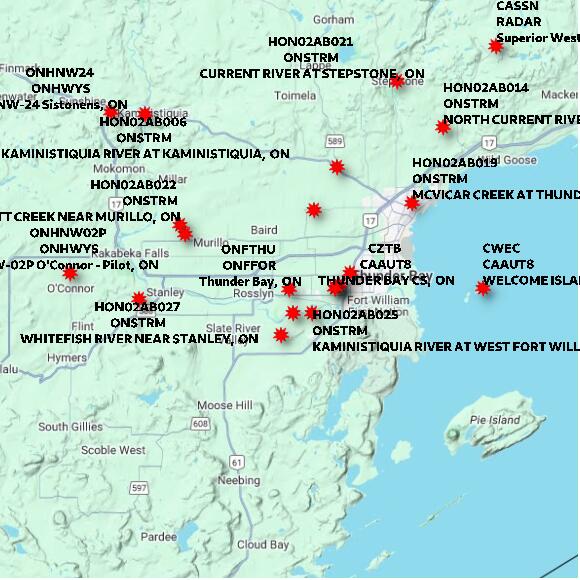 map at zoomlvl 60x60 kilometres for Thunder Bay