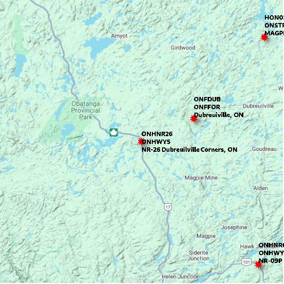 map at zoomlvl 60x60 kilometres for NR-26 Dubreuilville Corners
