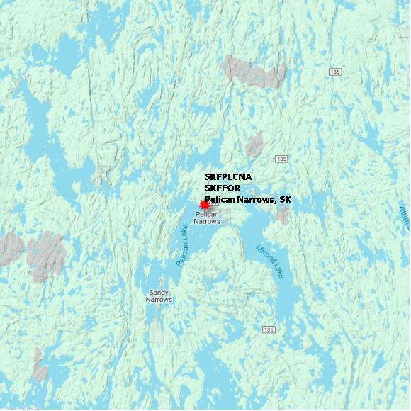 map at zoomlvl 60x60 kilometres for Pelican Narrows