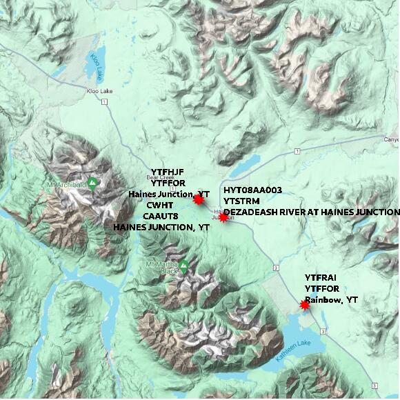 map at zoomlvl 60x60 kilometres for Haines Junction